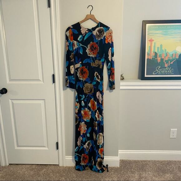 MSGM Milano Blue Red Black Rose Floral Long Sleeve Maxi Gown Dress XS - Picture 16 of 16
